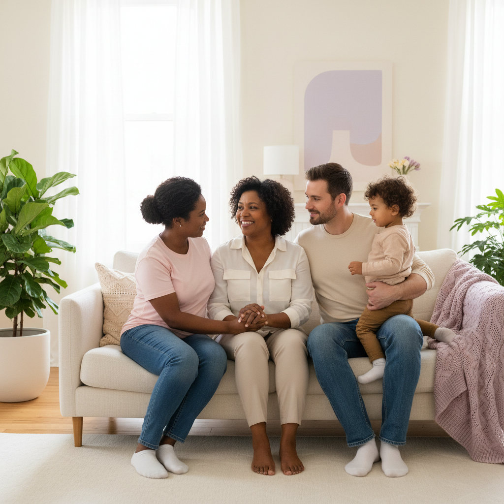 A diverse family and caregiver spending time together at home